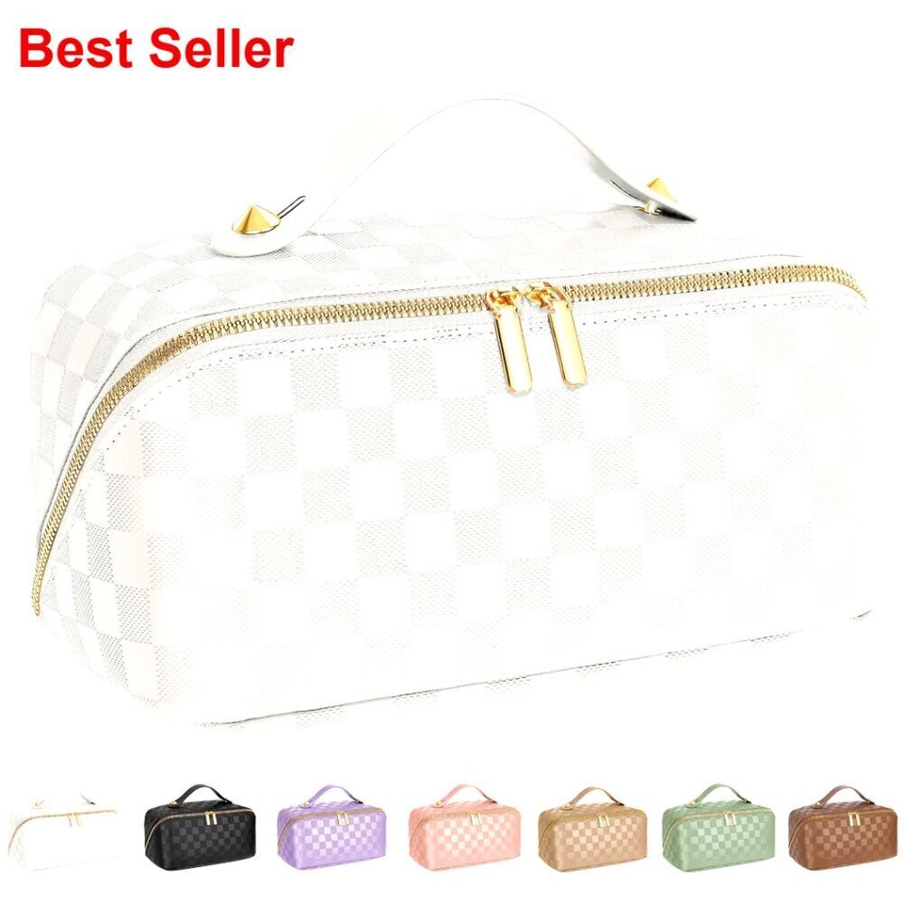 Large Capacity Waterproof Makeup Bag with Dividers Travel Organizer PU Leather